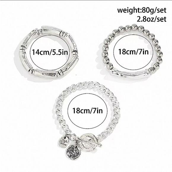 Stainless Steel Bracelet Set Chain Link Bamboo Statement Silver - Picture 6 of 6